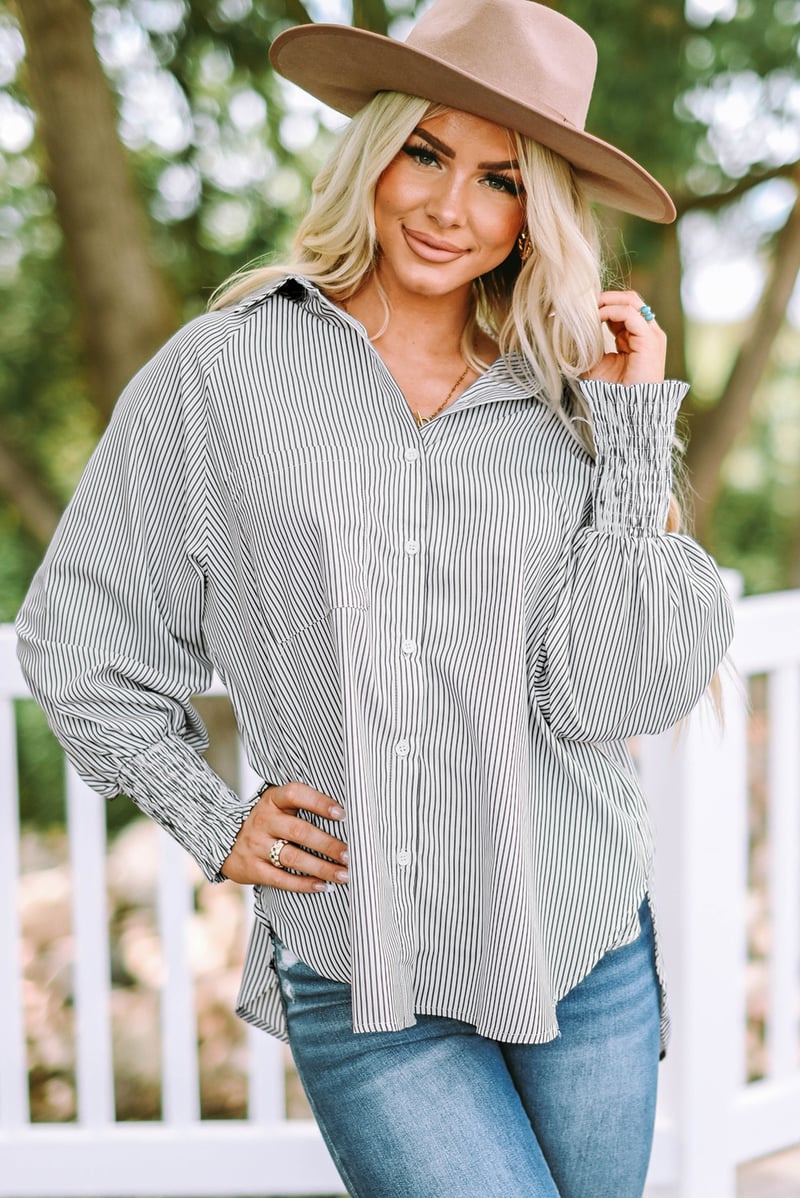 🔥Last Day Sale 70% OFF🏆️Mid-length smocked shirt with striped lapel and oversized drawdown sleeves