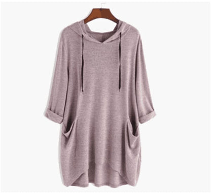 Women's Hooded Solid Color Loose Sweatshirt, Irregular Pocket Top