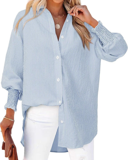 Oversized Striped Button-Down Puff Sleeve Shirt【Buy 2 Free Shipping】