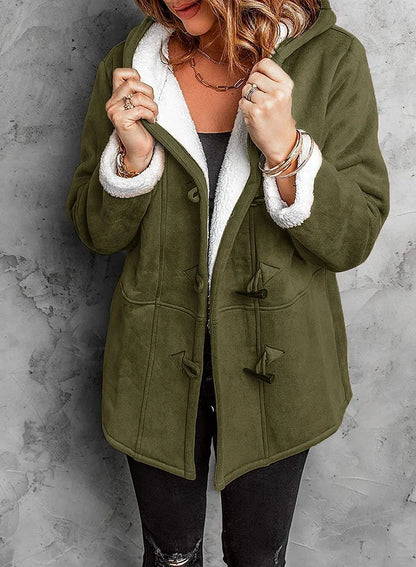 Warm soft hooded cashmere horn button coat