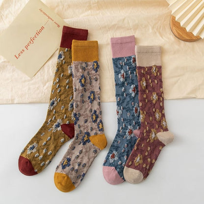 Sale 50%OFF-4 Pairs Womens Floral Long Cotton Socks