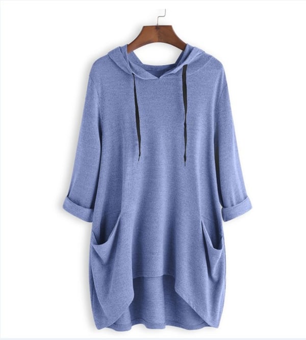 Women's Hooded Solid Color Loose Sweatshirt, Irregular Pocket Top