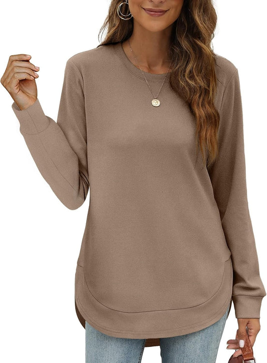 Womens Sweatshirt Crewneck Basic Long Sleeve Shirts High Low Tops Curved Hem(Buy 2 Free Shipping)