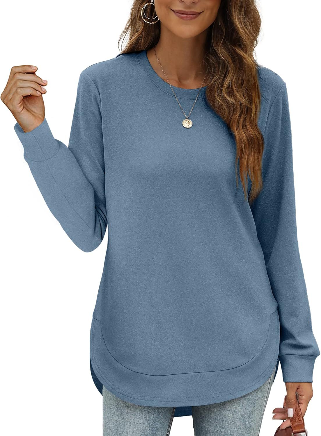 Womens Sweatshirt Crewneck Basic Long Sleeve Shirts High Low Tops Curved Hem(Buy 2 Free Shipping)