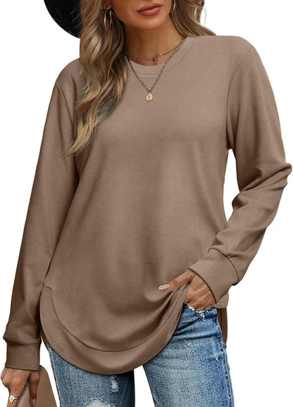 Womens Sweatshirt Crewneck Basic Long Sleeve Shirts High Low Tops Curved Hem(Buy 2 Free Shipping)