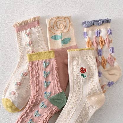 Sale 50%OFF-5 pairs of women's pink floral cotton socks