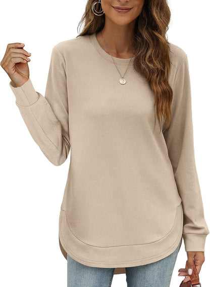 Womens Sweatshirt Crewneck Basic Long Sleeve Shirts High Low Tops Curved Hem(Buy 2 Free Shipping)