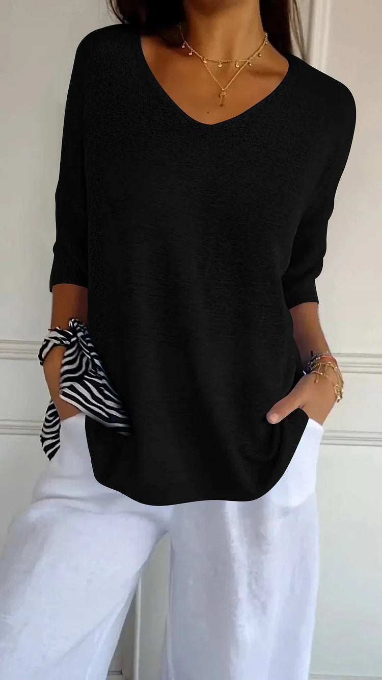 Solid Color Knitted V-neck Top