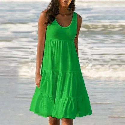 Paneled Solid Sleeveless Beach Midi Dress