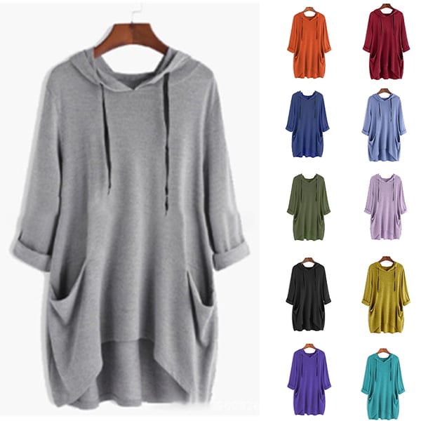 Women's Hooded Solid Color Loose Sweatshirt, Irregular Pocket Top