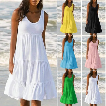 Paneled Solid Sleeveless Beach Midi Dress