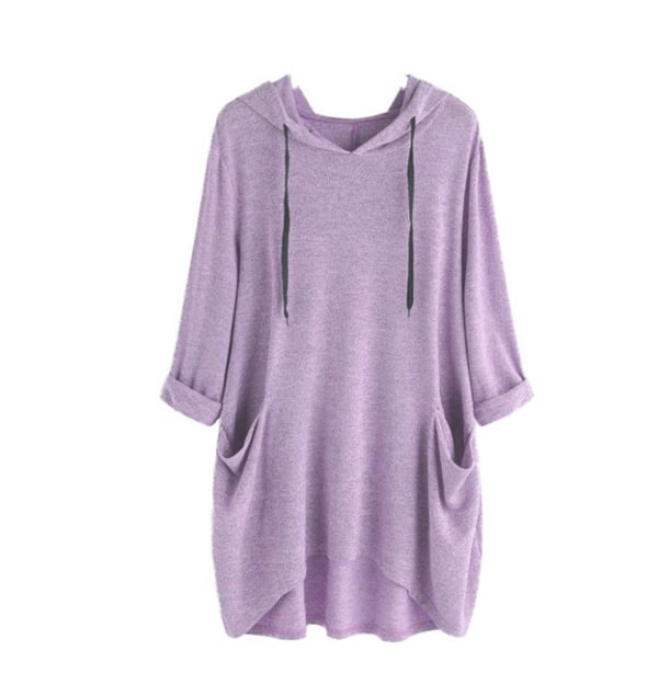 Women's Hooded Solid Color Loose Sweatshirt, Irregular Pocket Top