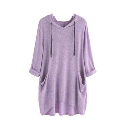 Women's Hooded Solid Color Loose Sweatshirt, Irregular Pocket Top