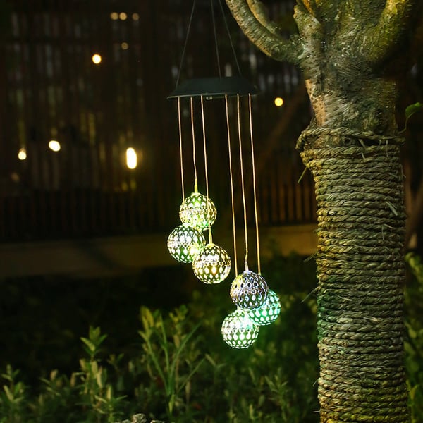 Solar Metal Orb Wind Chime Mobile - Rainbow Color Changing LED Lights