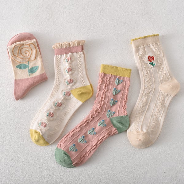 Sale 50%OFF-5 pairs of women's pink floral cotton socks