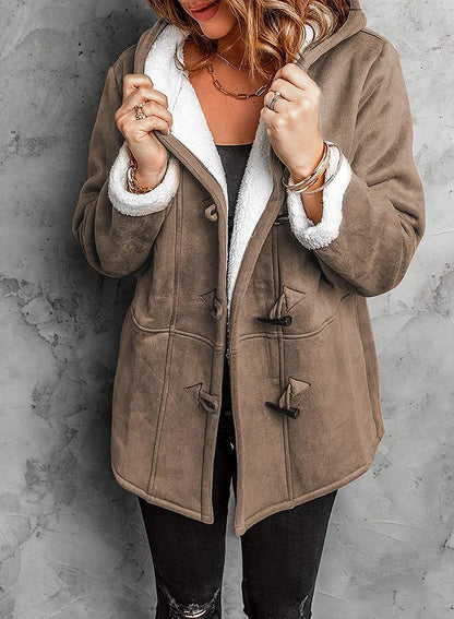 Warm soft hooded cashmere horn button coat