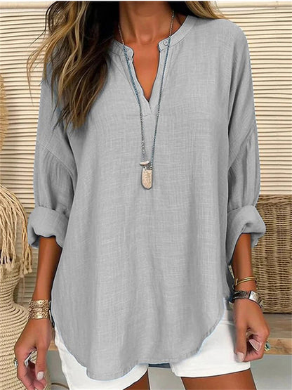 Women's V-neck Cotton Linen Pure Large Size Long-sleeved Cotton Shirt