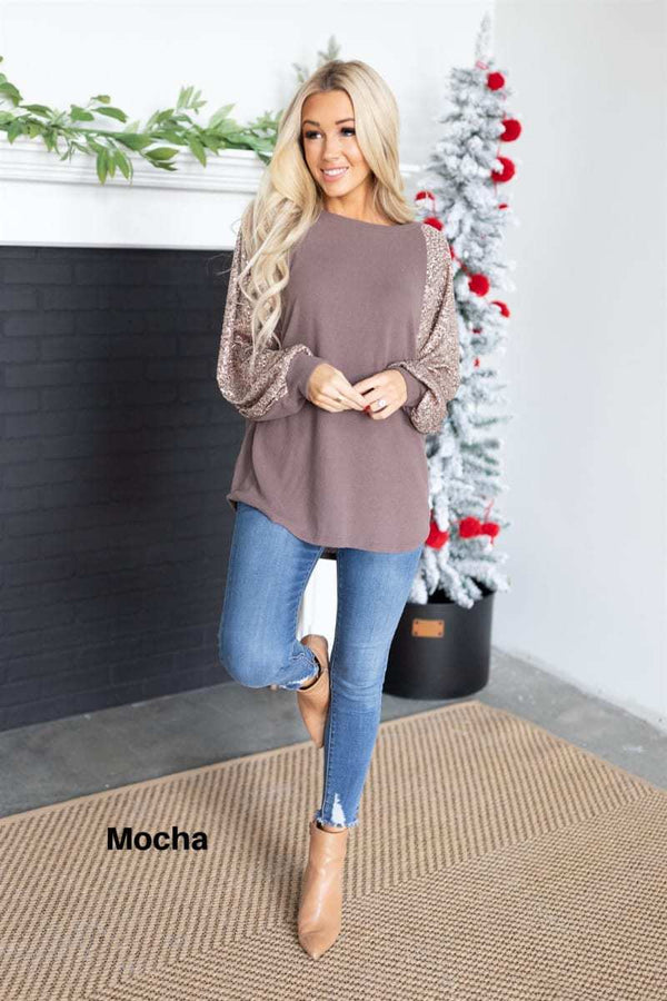 💃Sequin Stitching Women's Round Neck Loose Raglan Sleeve Top