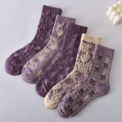 Sale 50%OFF-5 Pairs Women's Purple Vintage Floral Cotton Socks