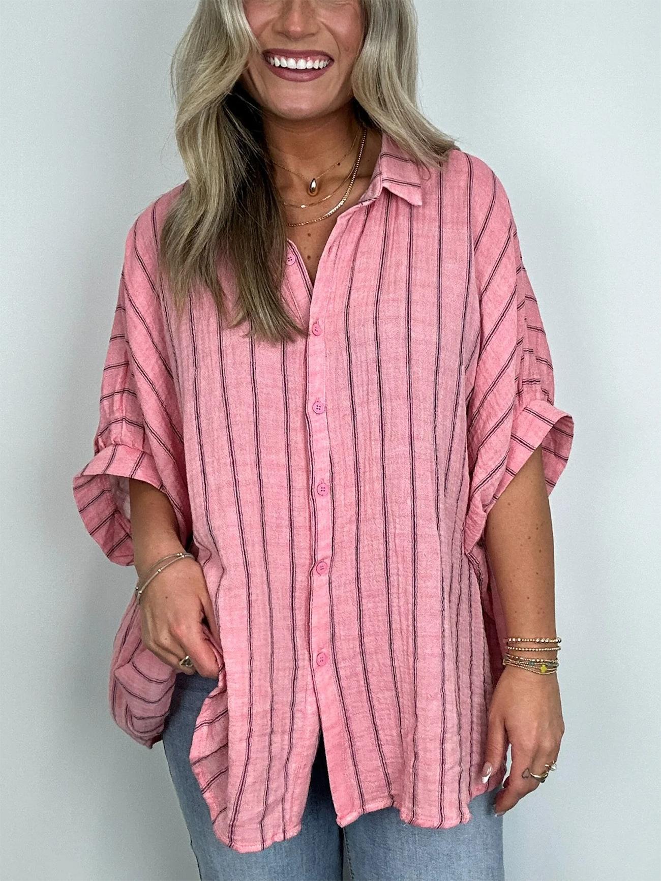 2024 POPULAR OVERSIZED STRIPED BUTTON DOWN TOP SHIRT JACKET