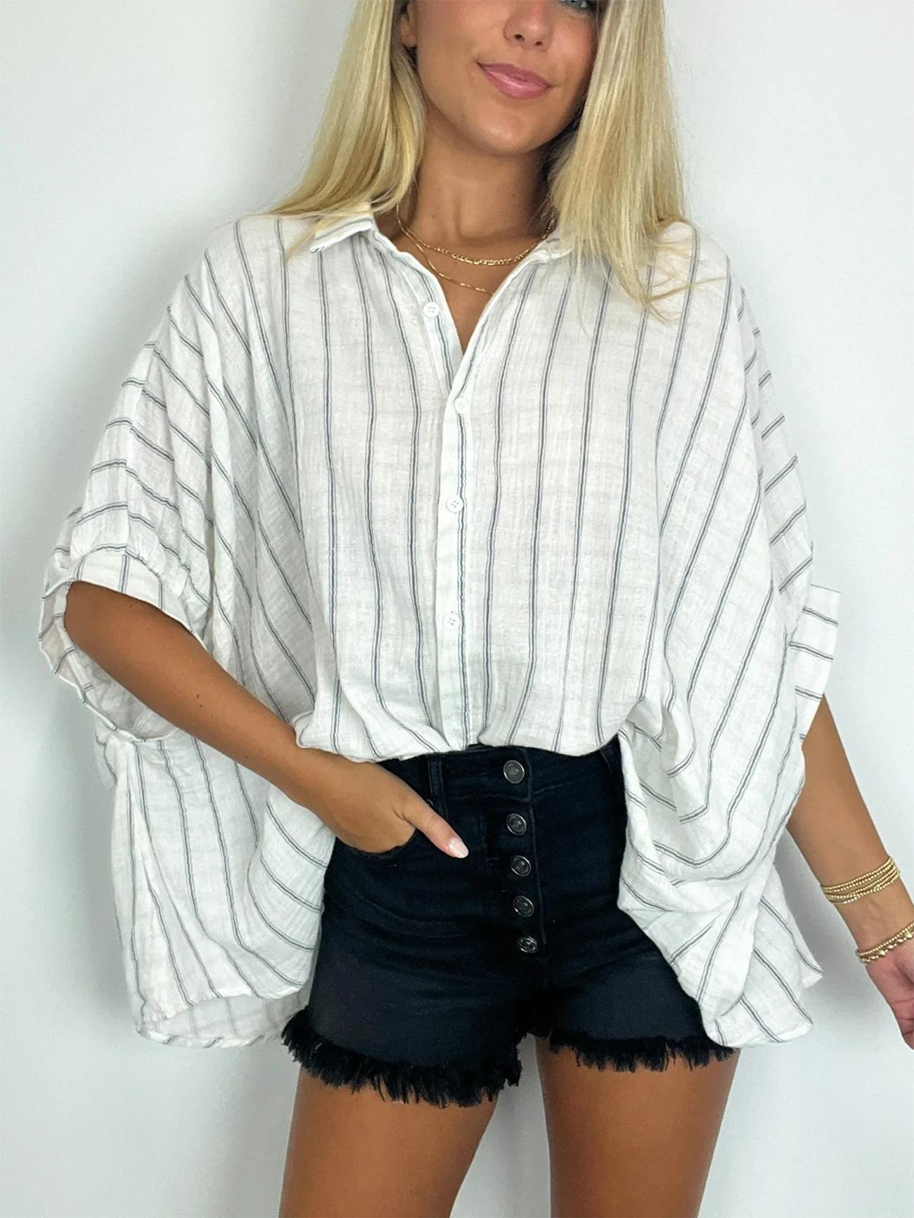 2024 POPULAR OVERSIZED STRIPED BUTTON DOWN TOP SHIRT JACKET