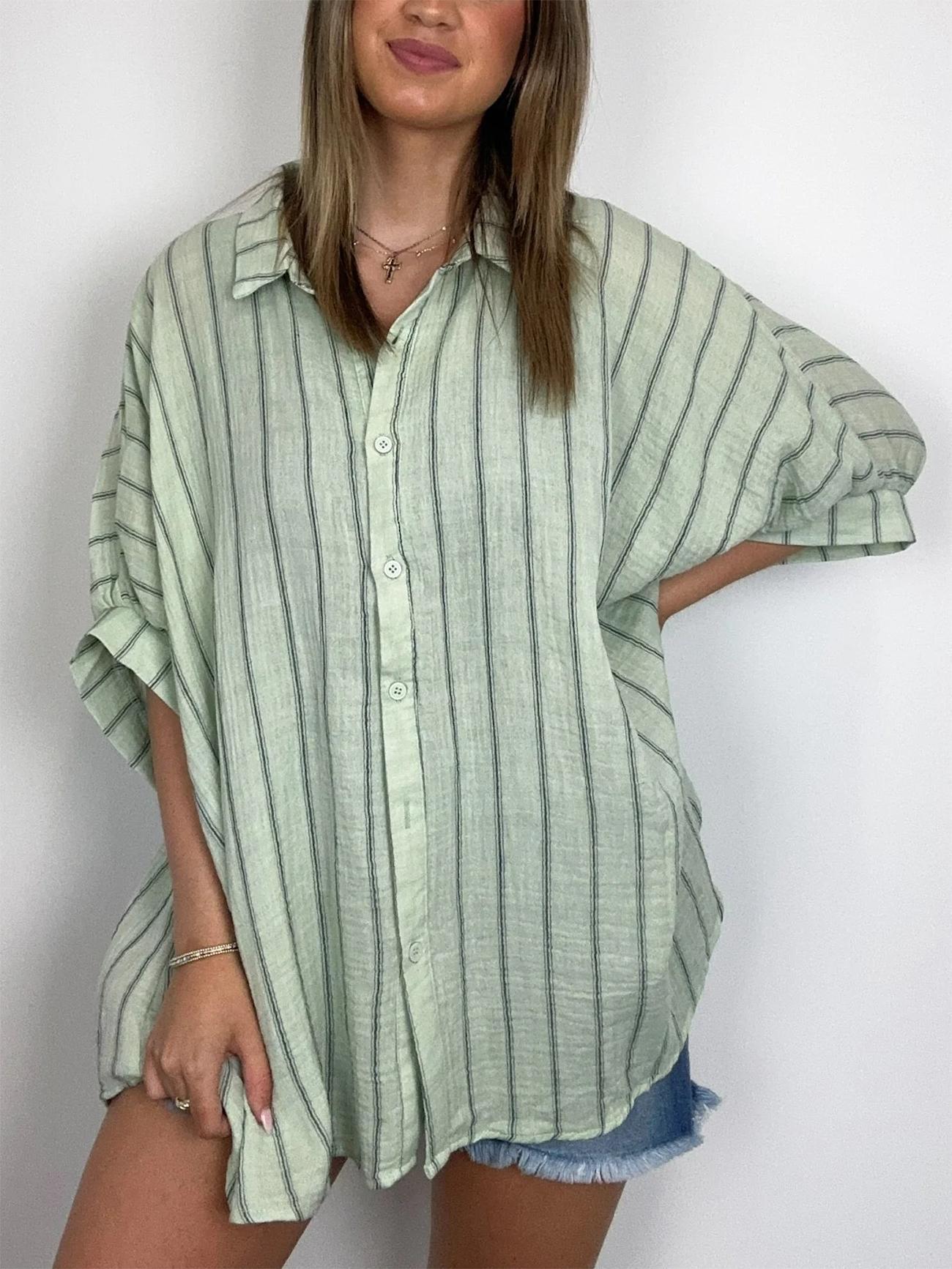 2024 POPULAR OVERSIZED STRIPED BUTTON DOWN TOP SHIRT JACKET