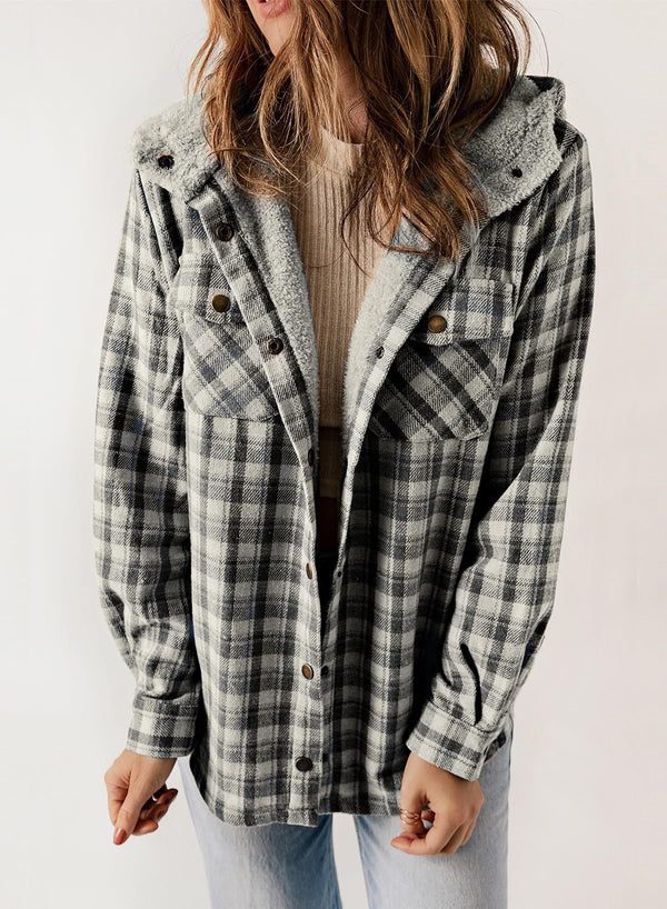 Women's Plaid Long Sleeve Button Fleece Hooded Jacket With Pockets (Buy 2 Free Shipping)