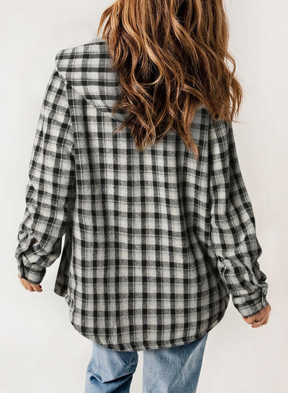 Women's Plaid Long Sleeve Button Fleece Hooded Jacket With Pockets (Buy 2 Free Shipping)