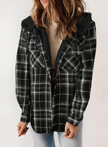 Women's Plaid Long Sleeve Button Fleece Hooded Jacket With Pockets (Buy 2 Free Shipping)