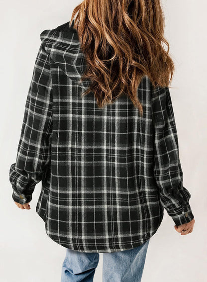 Women's Plaid Long Sleeve Button Fleece Hooded Jacket With Pockets (Buy 2 Free Shipping)