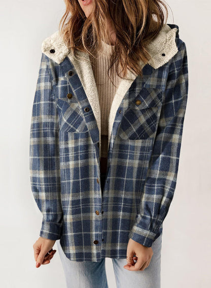 Women's Plaid Long Sleeve Button Fleece Hooded Jacket With Pockets (Buy 2 Free Shipping)