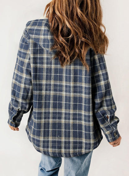 Women's Plaid Long Sleeve Button Fleece Hooded Jacket With Pockets (Buy 2 Free Shipping)