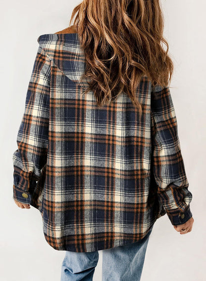 Women's Plaid Long Sleeve Button Fleece Hooded Jacket With Pockets (Buy 2 Free Shipping)