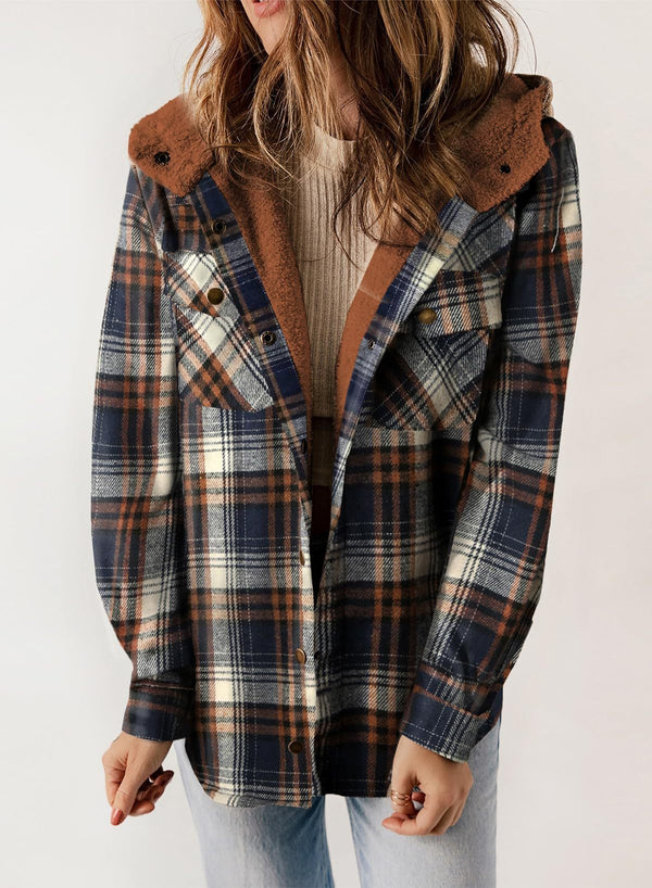 Women's Plaid Long Sleeve Button Fleece Hooded Jacket With Pockets (Buy 2 Free Shipping)