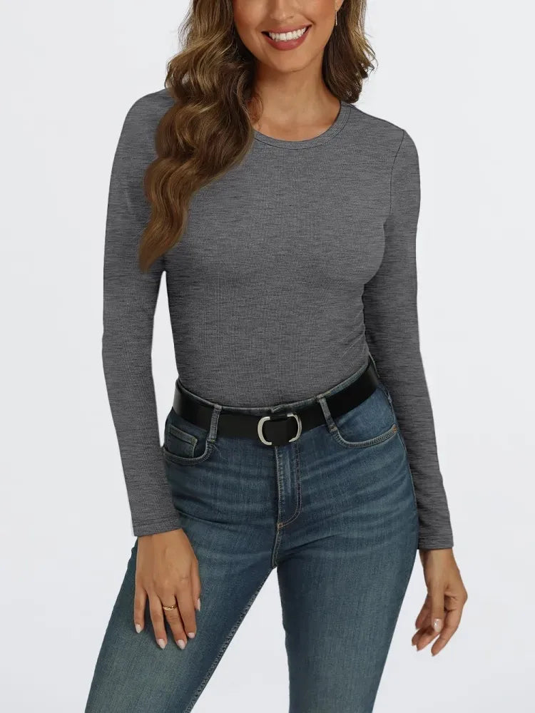 🔥Women's Long Sleeve Stretch Slim Round Neck Ribbed Basic Shirts (BUY 3 FREE SHIPPING)🔥