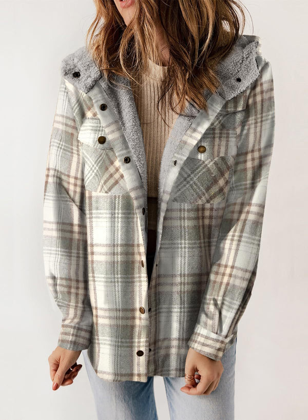 Women's Plaid Long Sleeve Button Fleece Hooded Jacket With Pockets (Buy 2 Free Shipping)