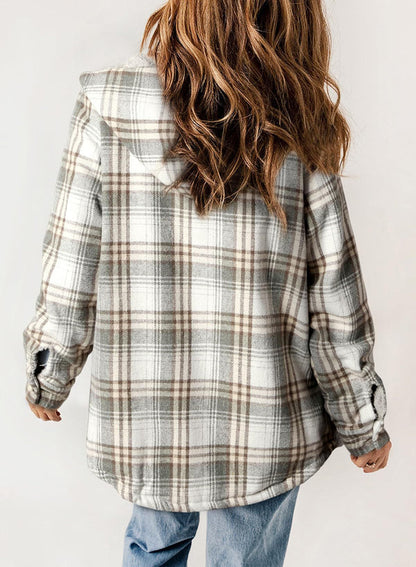 Women's Plaid Long Sleeve Button Fleece Hooded Jacket With Pockets (Buy 2 Free Shipping)