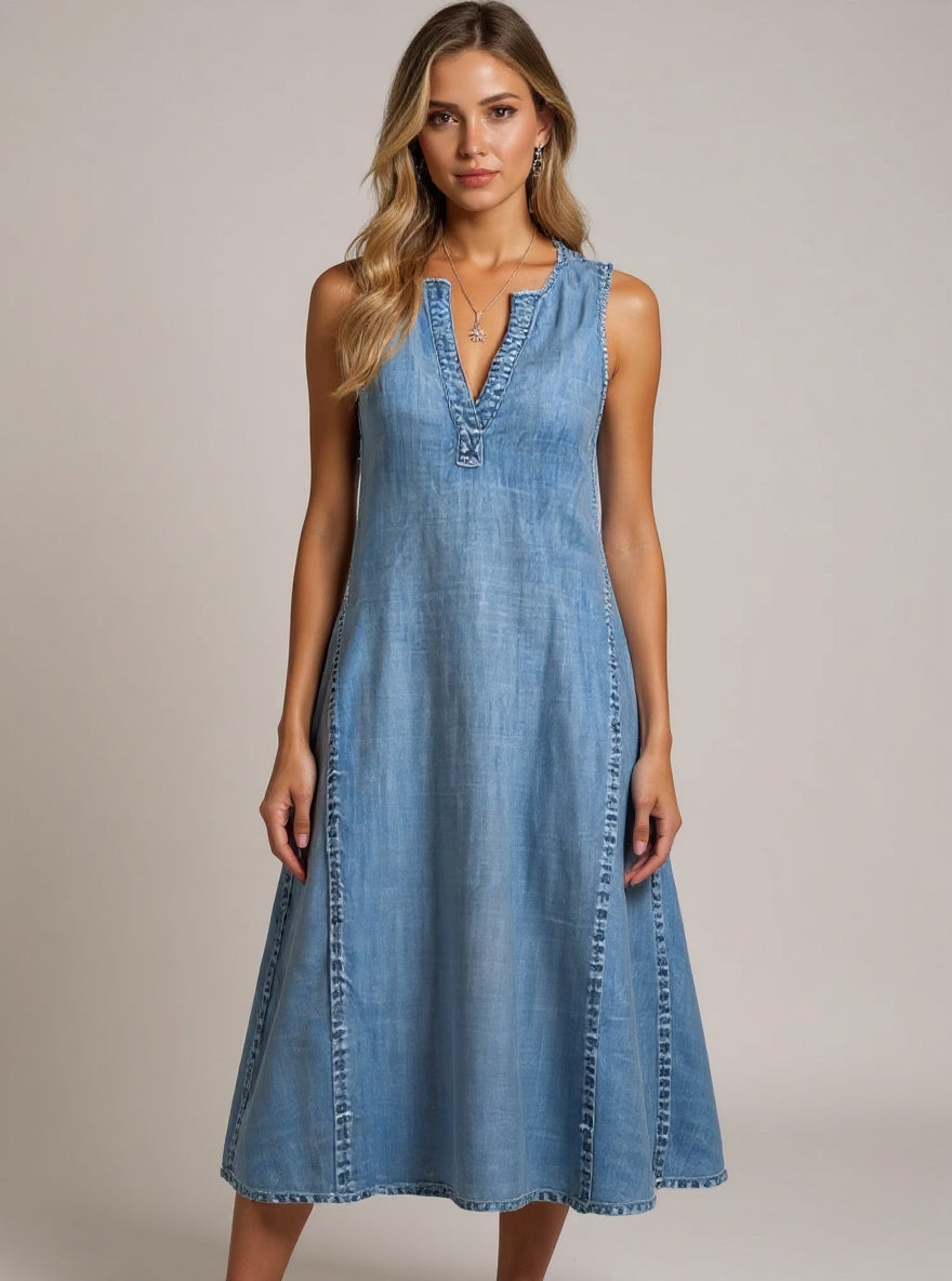 Sleeveless Denim Dress with V-Neck & A-Line Fit