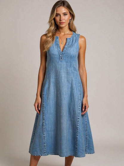 Sleeveless Denim Dress with V-Neck & A-Line Fit