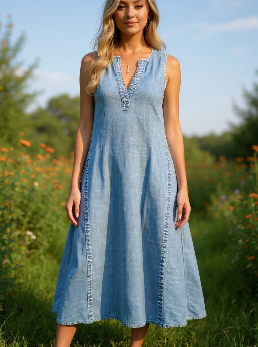 Sleeveless Denim Dress with V-Neck & A-Line Fit