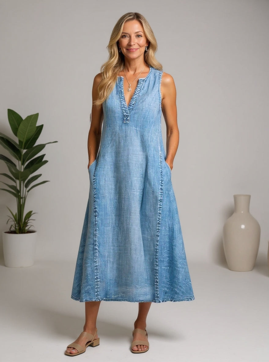 Sleeveless Denim Dress with V-Neck & A-Line Fit