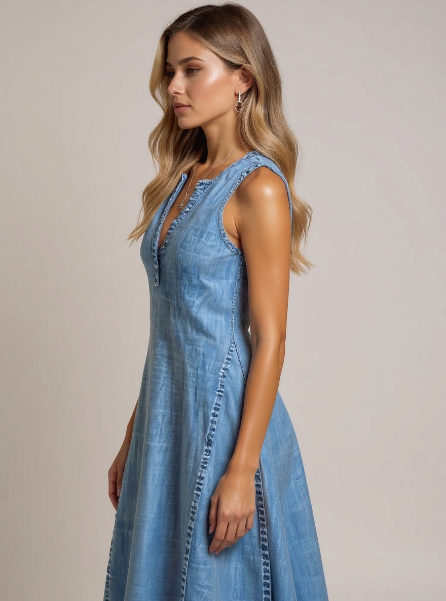 Sleeveless Denim Dress with V-Neck & A-Line Fit