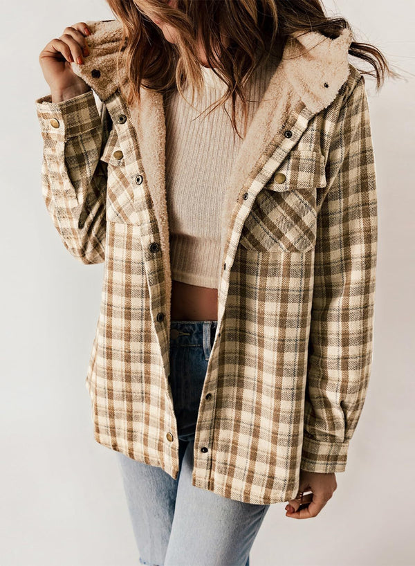 Women's Plaid Long Sleeve Button Fleece Hooded Jacket With Pockets (Buy 2 Free Shipping)