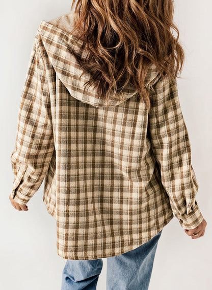 Women's Plaid Long Sleeve Button Fleece Hooded Jacket With Pockets (Buy 2 Free Shipping)