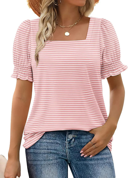 Limited time sale🔥Women's Square Neck Smocked Sleeve T-Shirt Casual Top(BUY 3 FREE SHIPPING)