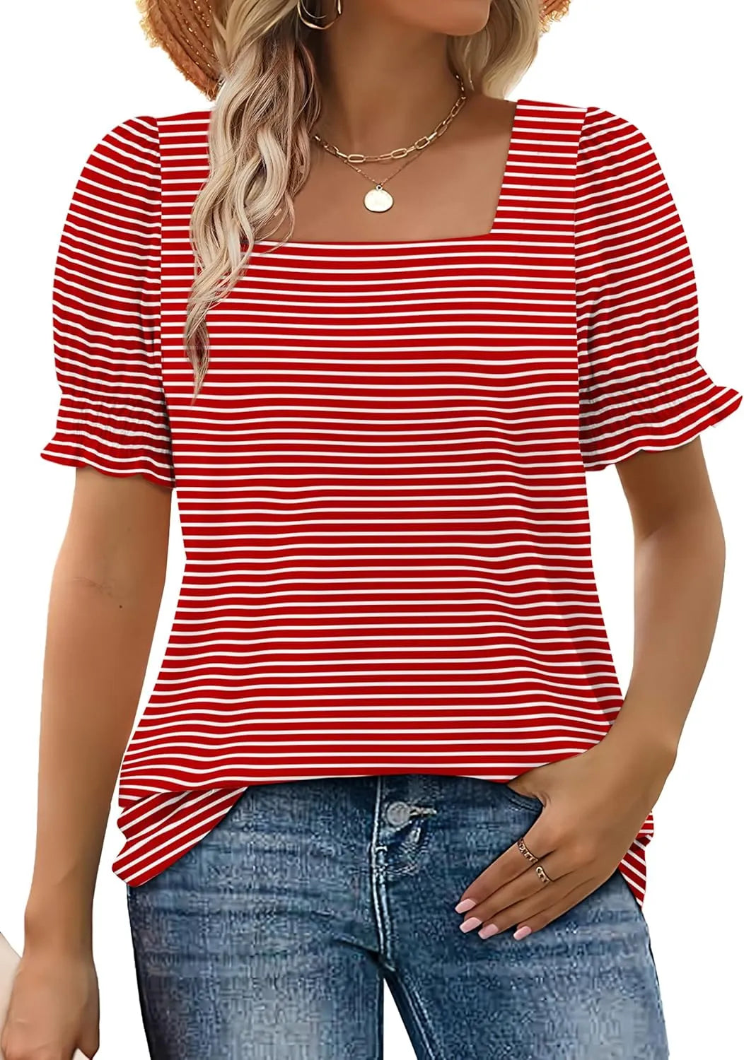 Limited time sale🔥Women's Square Neck Smocked Sleeve T-Shirt Casual Top(BUY 3 FREE SHIPPING)