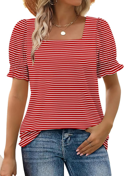 Limited time sale🔥Women's Square Neck Smocked Sleeve T-Shirt Casual Top(BUY 3 FREE SHIPPING)
