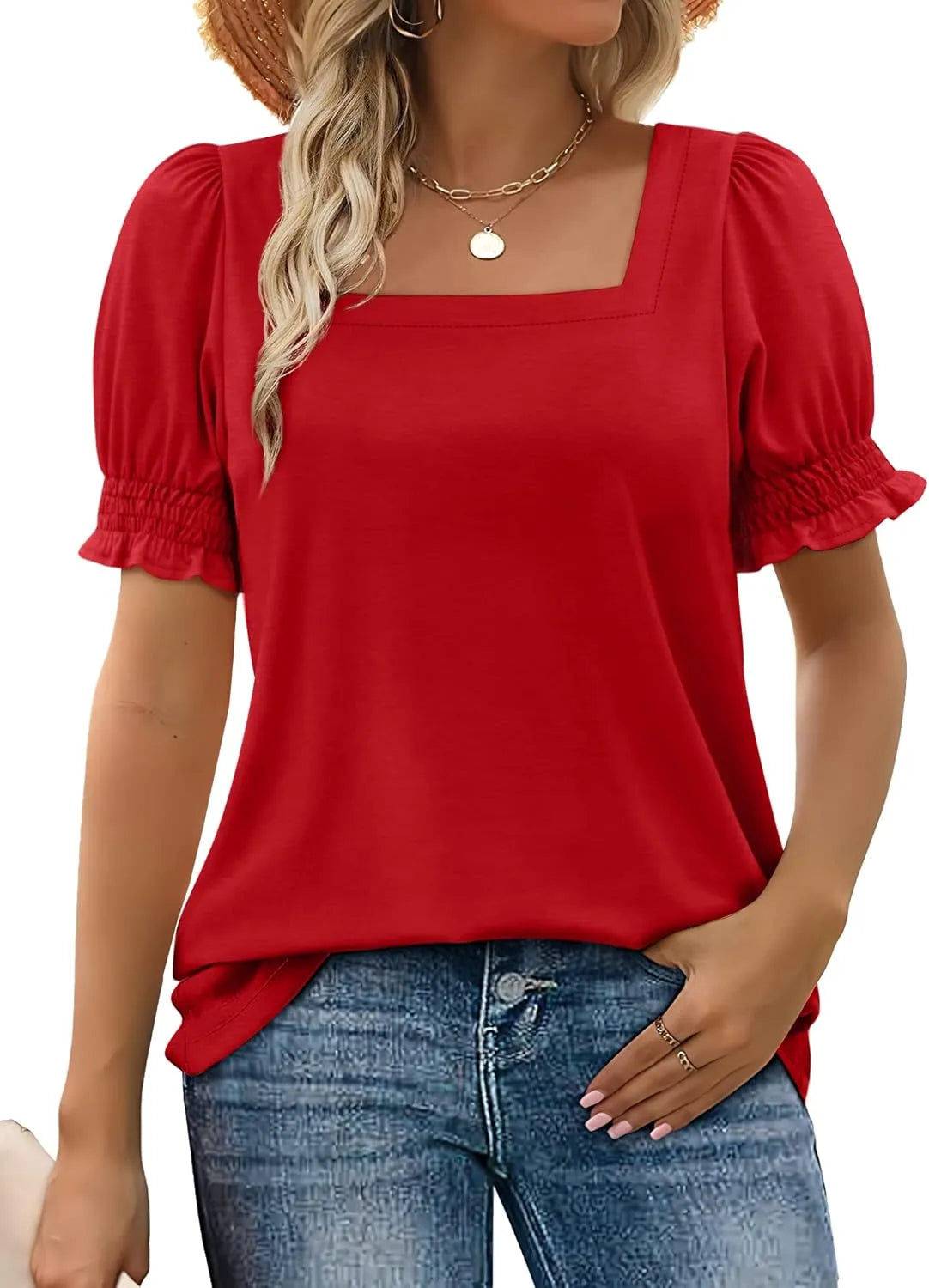 Limited time sale🔥Women's Square Neck Smocked Sleeve T-Shirt Casual Top(BUY 3 FREE SHIPPING)