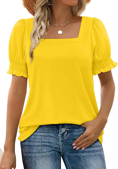 Limited time sale🔥Women's Square Neck Smocked Sleeve T-Shirt Casual Top(BUY 3 FREE SHIPPING)