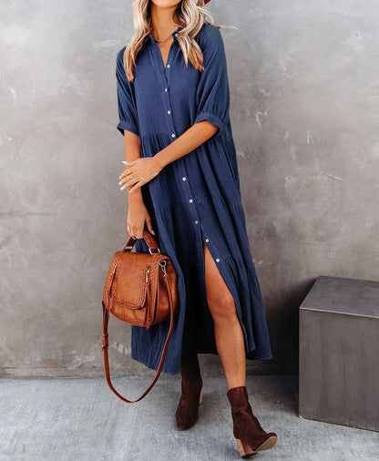 WOMEN'S SUMMER COTTON HALF SLEEVES MIDI DRESS WITH POCKETS